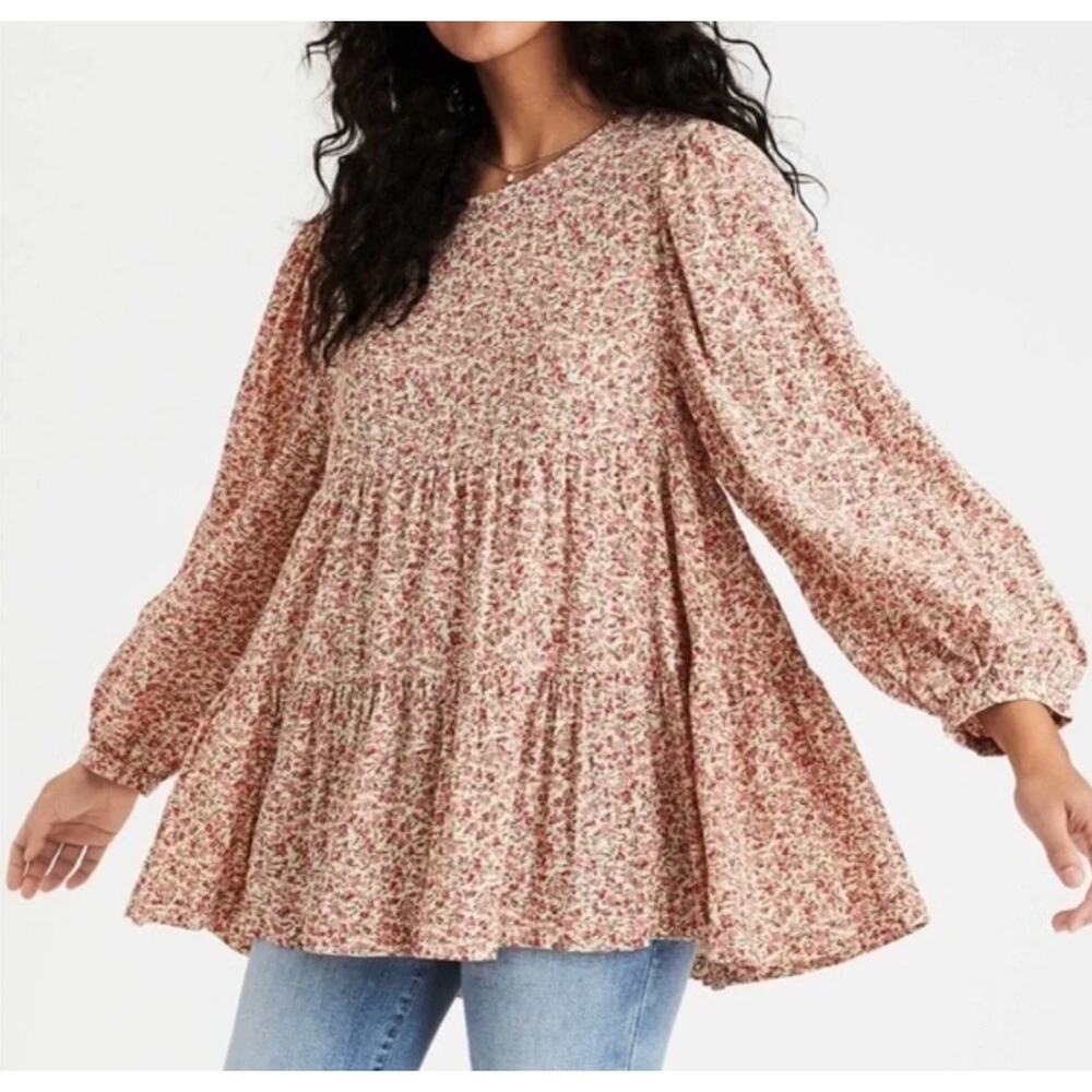 American Eagle Ditsy Floral Tiered Babydoll Top Boho Balloon Sleeve Open Back M
